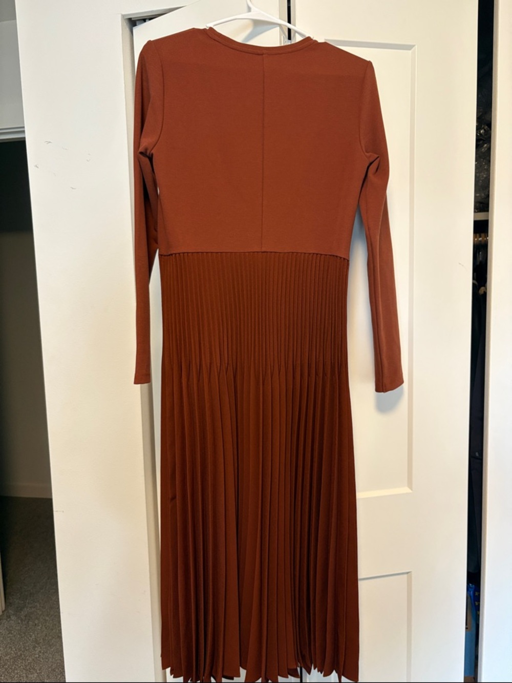 EUC [Uniqlo] Pleated Long Sleeve Combination Tiered Flared Dress Brown Women’s M - Picture 11 of 14